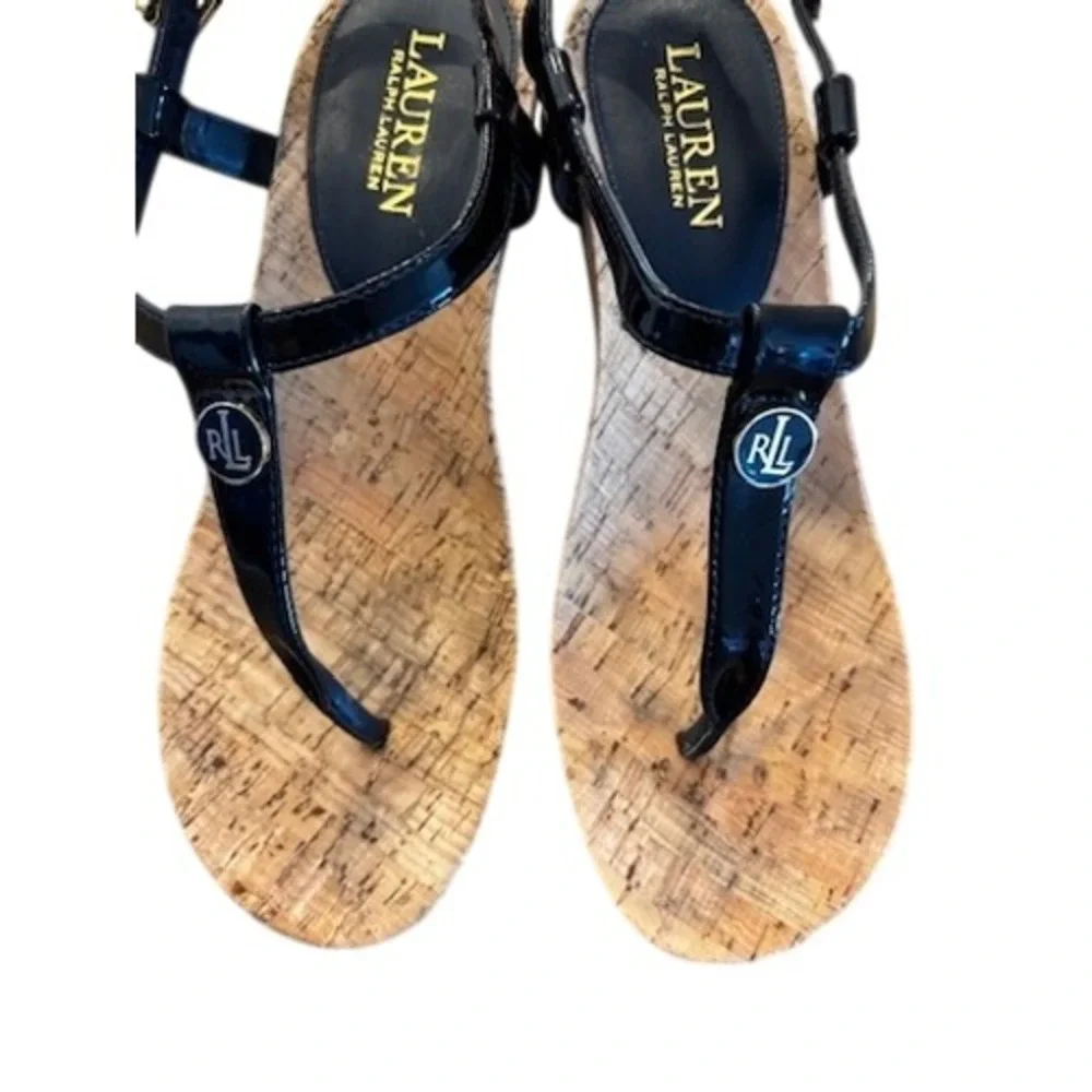 Lauren Ralph Lauren Size 8.5 Black Patent T-Strap Cork‎ Wedge Sandals Shoes